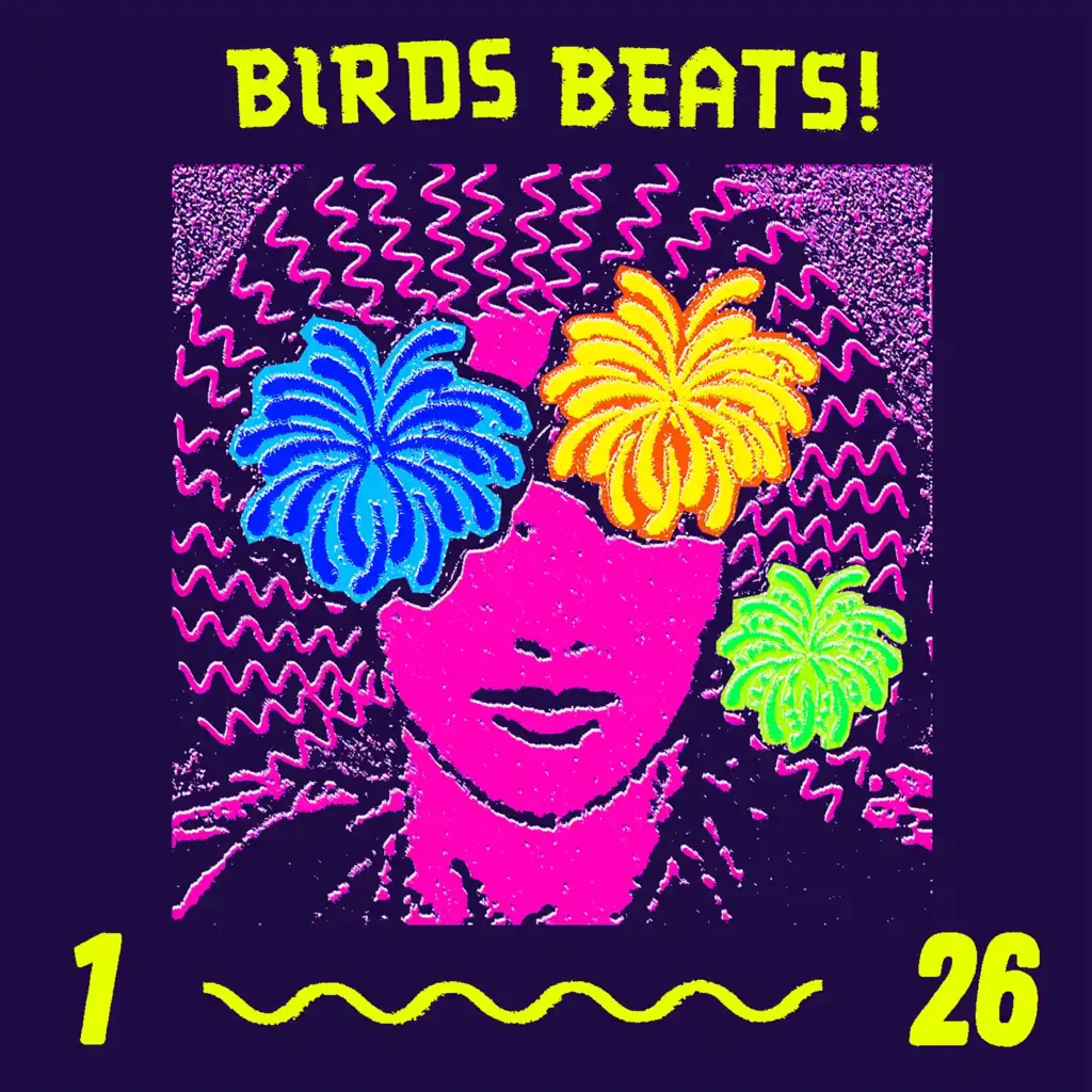 Illustrated “Birds Beats” poster with a stylized face and colorful abstract shapes