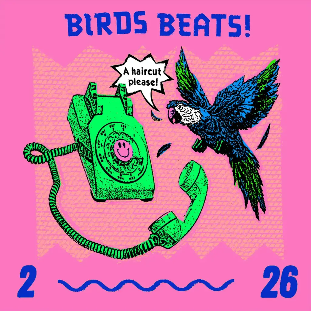 Illustrated “Birds Beats” poster featuring a phone and bird in bold neon colors
