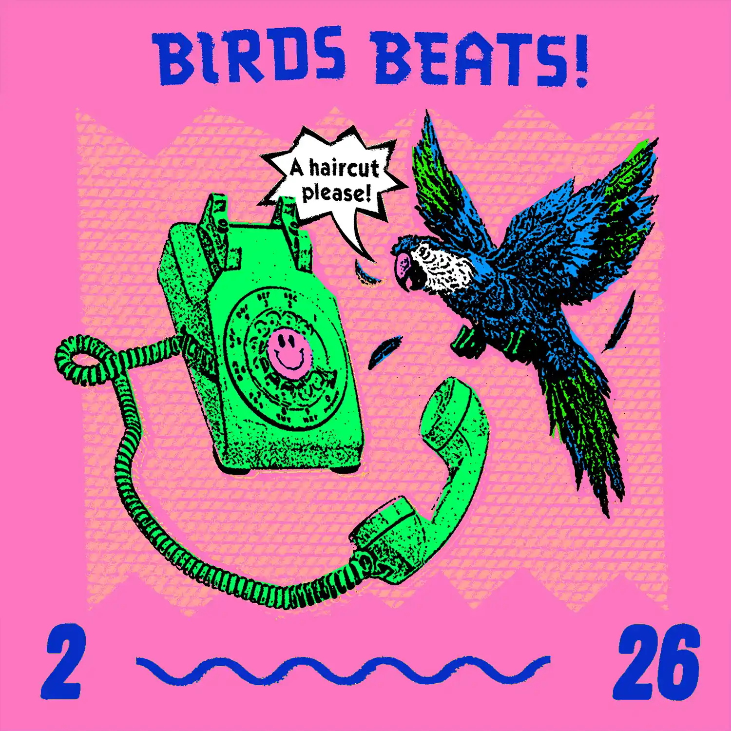 Illustrated “Birds Beats” poster featuring a phone and bird in bold neon colors