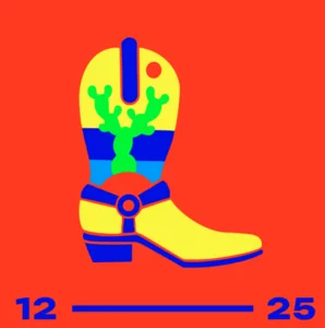 Illustrated cowboy boot icon in bold, colorful graphic style