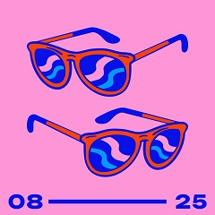 Illustrated sunglasses icon in bold pink and blue colors