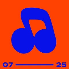 Abstract blue icon graphic on a bright red background