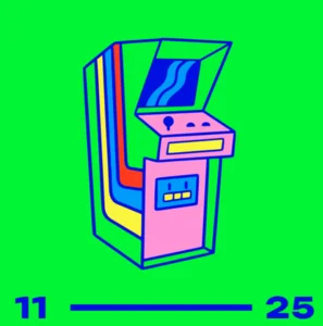 Illustrated arcade game cabinet icon in bright green and pink colors
